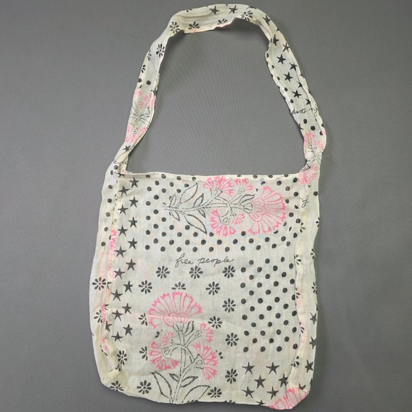 Free People Handbags - Free People Floral Star Polka Dot Cotton Reusable Tote Bag Ivory Pink Black